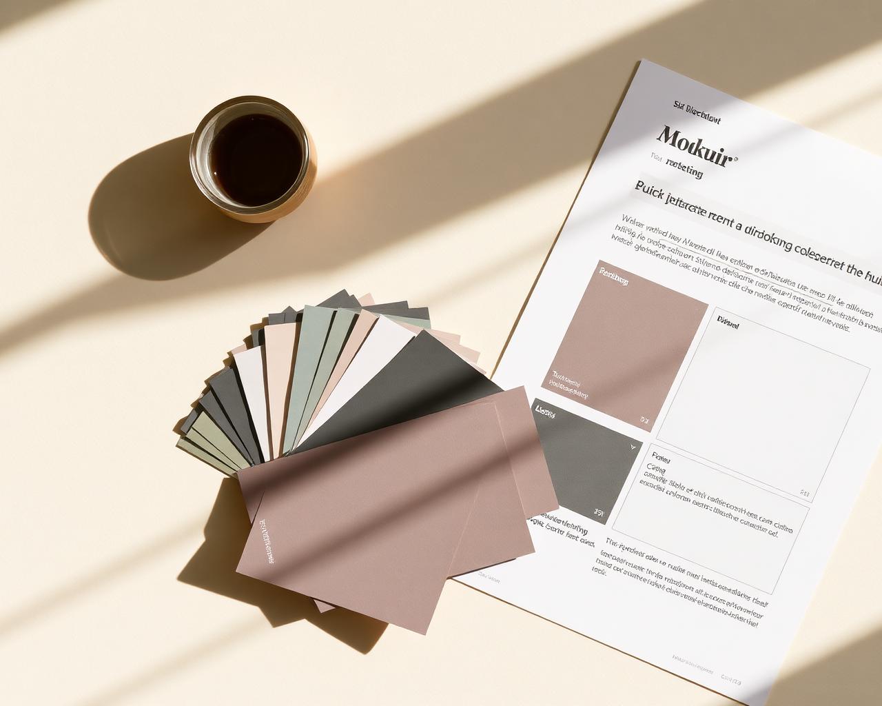 Brand swatch cards beside a printed interface sheet