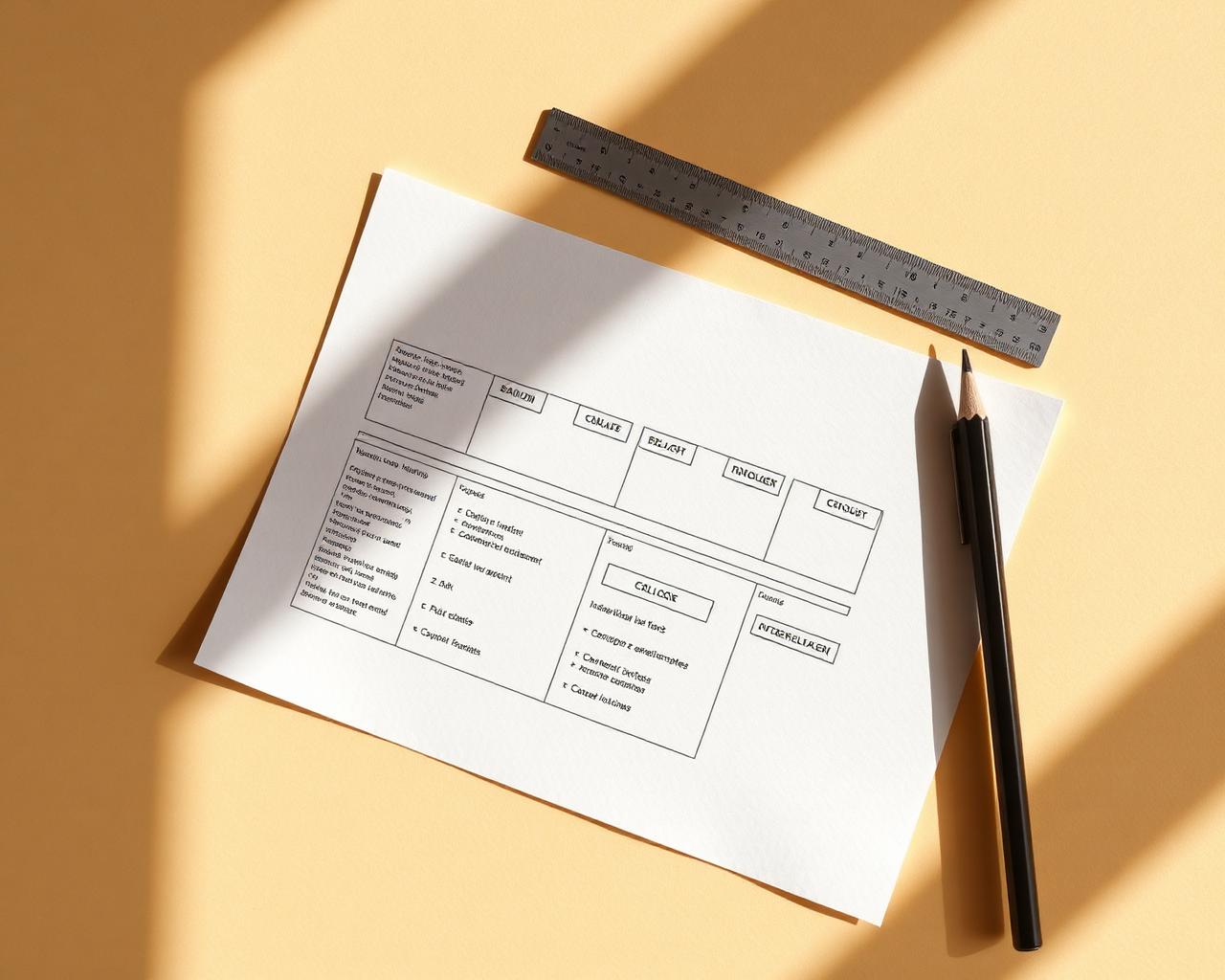 A printed schema sketch on a drafting desk